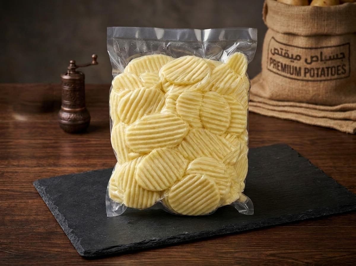 Potato Slices - Real fresh crinkle-cut ridged potato slices in vacuum sealed transparent packaging